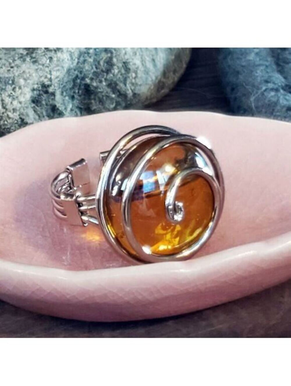 Handcrafted Edgy Translucent Amber Silver Spiral Luster Glass Bauble Ring